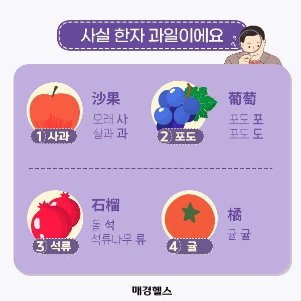 사실 한자 과일이에요. 사과, 포도, 석류, 귤.