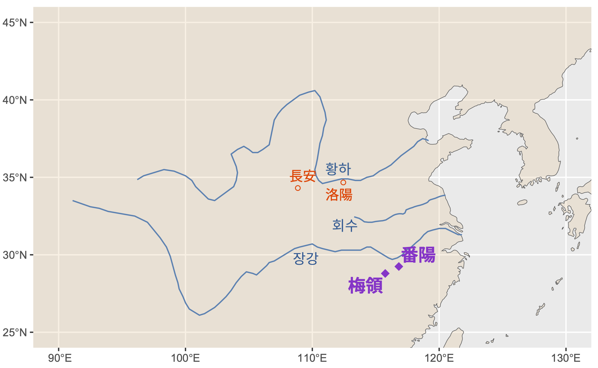 중국 지도. 장강 이남에 매령과 파양이 표시되어 있다.