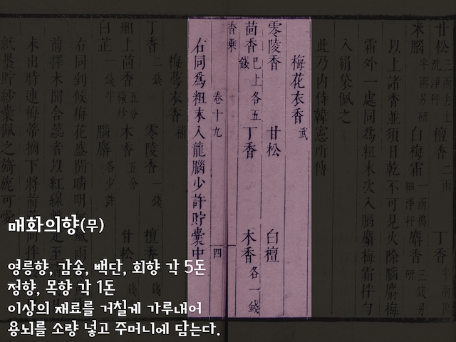매화의향(무). 영릉향, 감송, 백단, 회향 각 5돈. 정향, 목향 각 1돈. 이상의 재료를 거칠게 가루내어 용뇌를 소량 넣고 주머니에 담는다.