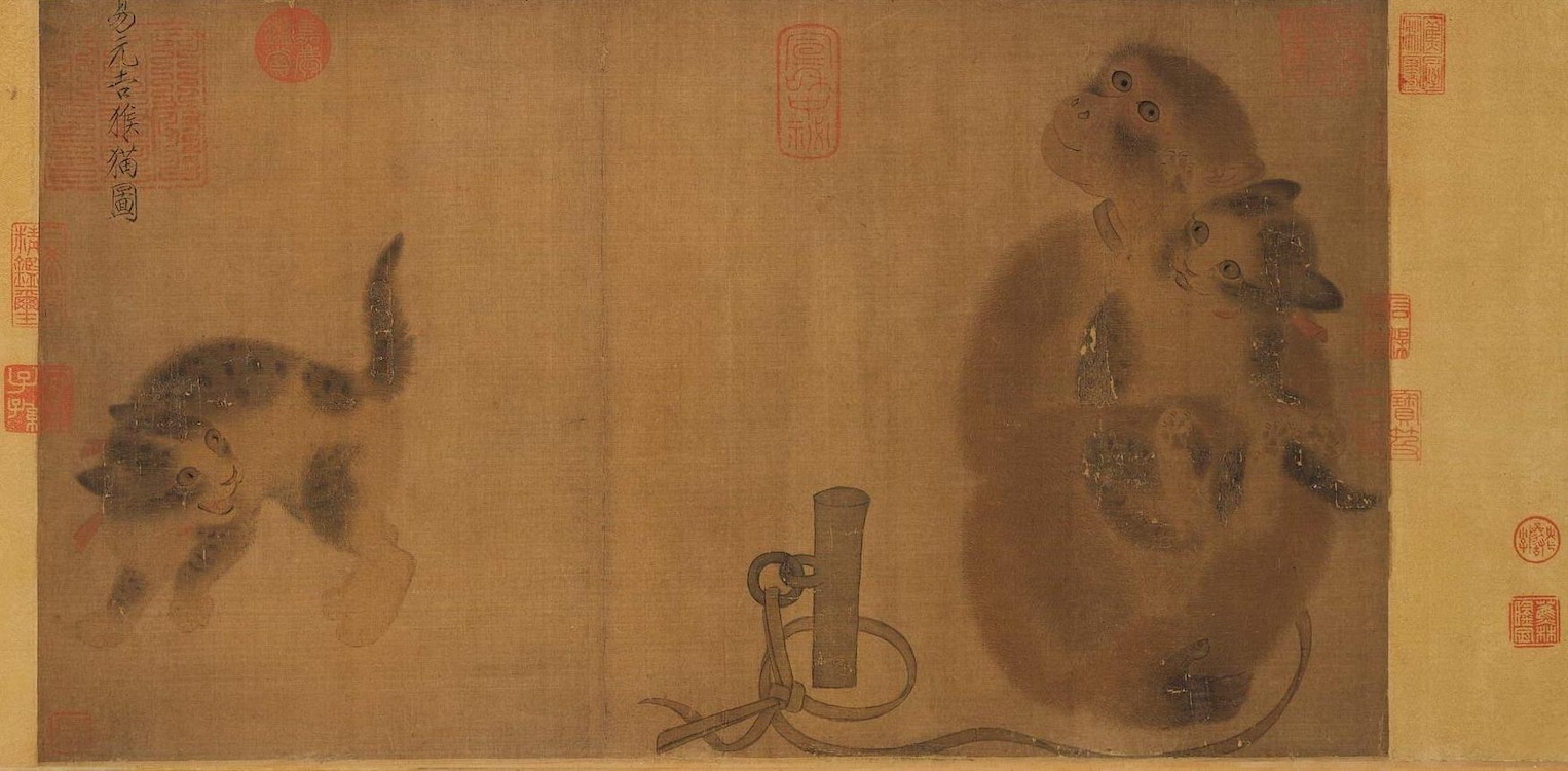 원숭이 한 마리와 고양이 두 마리를 그린 그림